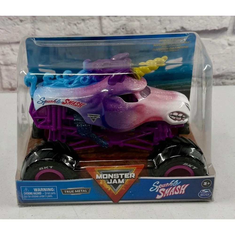 Monster Jam 1:24 Large Rare HTF Sparkle Smash Unicorn W/Purple Chassis BRAND NEW